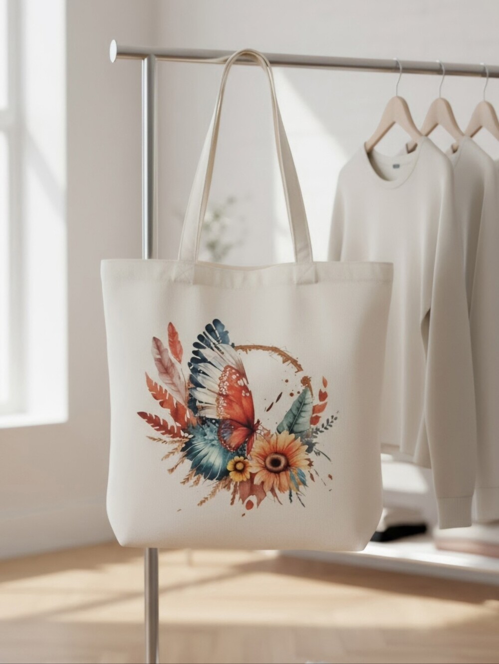 🏷3/$12 Boho Sunflower Butterfly Floral Feathers Autumn Canvas Tote Bag